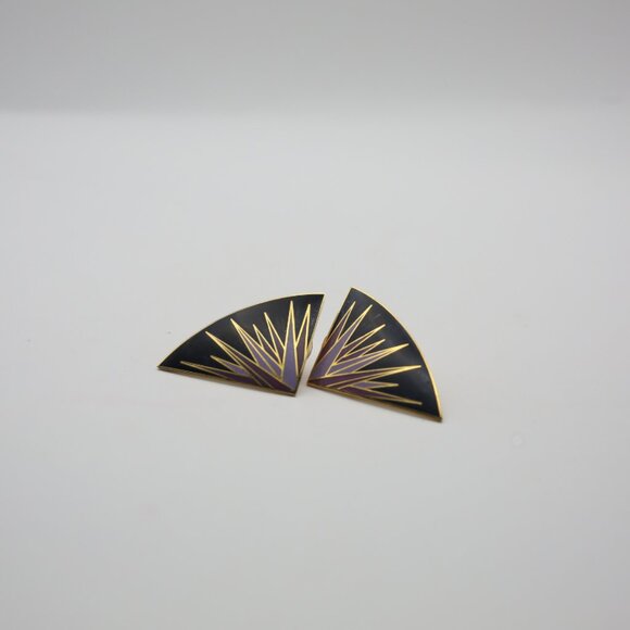 Vintage Isle of Skye Purple & Black Fan Earrings, Cloisonné Gold Plated Enamel - Picture 6 of 9